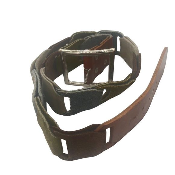 Vintage Boho Hippie Suede Leather Patchwork Block Interlocking Belt Gold Buckle main image 14